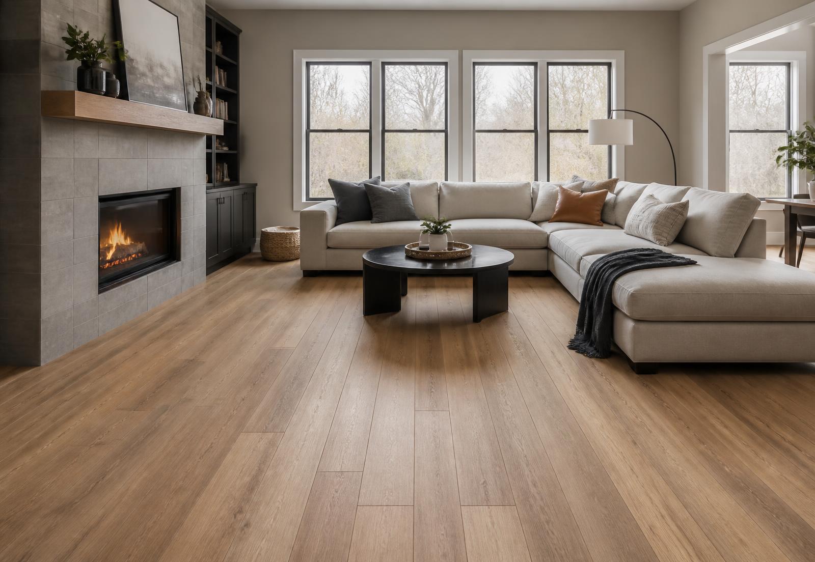 Warm oak flooring in a welcoming contemporary living room